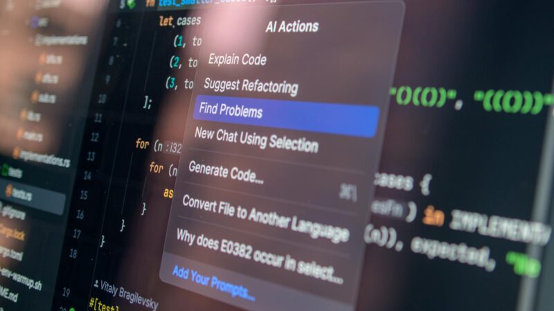 Developer werkt met AI code-assistent op laptop voor softwareontwikkeling