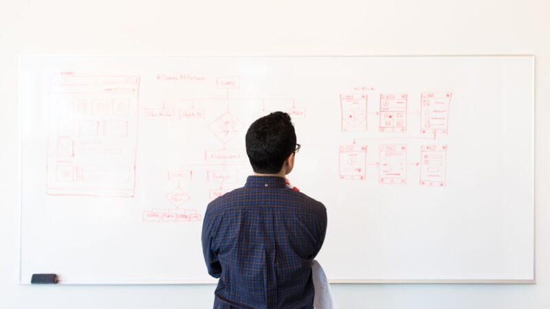 UX designer schetst wireframes op whiteboard voor webdesign disciplines uitleg